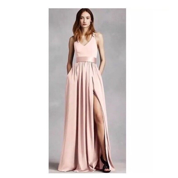 White by Vera Wang Maxi Dress Size 0 Blush Pink Satin Halter Bow Back Bridesmaid - Picture 11 of 12